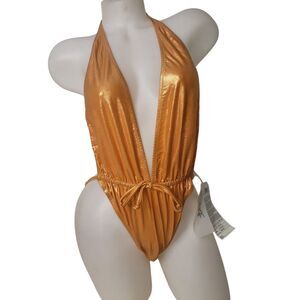 Y2K FREE BY GOTTEX Orange Metallic Foil One Piece Swimsuit  Womens Size 12 NEW